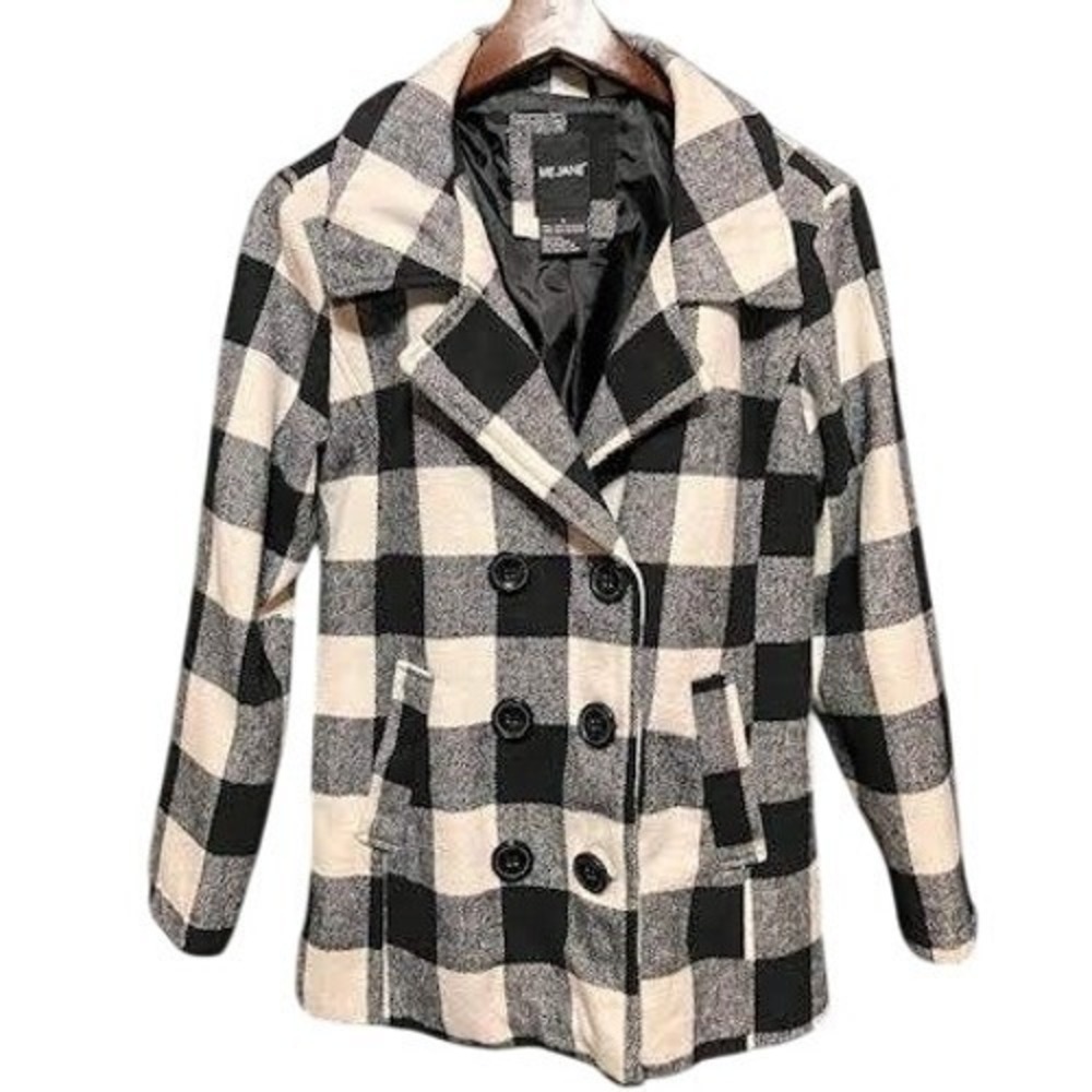 ME JANE Womens Plaid Pea‎ Coat Jacket S Black White Checkered Double Breasted